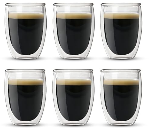 YANGUN 6 PCS Double Walled Glass Mugs, 350ml Glass Coffee Mugs with Lid, Heat Resistant Glass Cups for Coffee Tea Milk Juice Ice Cream