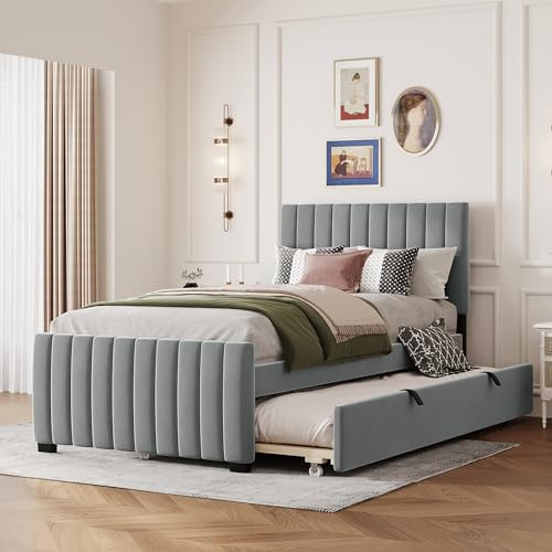 Oxtao Letto imbottito 90 x 190 cm con letto estraibile, letto singolo piatto, in tessuto di velluto delicato sulla pelle, per ragazzi (grigio, 90 x 190 cm)