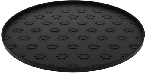 BAZEITFLOW Tapis de Gamelle Rond Silicone Antidérapant pour Chiens et Chats Bord Surélevé avec Empreintes de Pattes Tapis Alimentation et Flexible pour Bols de Nourriture et Eau Facile à