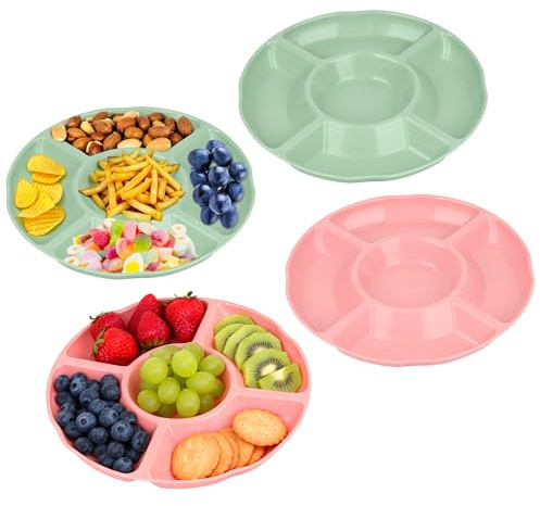 Nymblis 4 Pack Snack Trays, 5 Compartments Serving Platters, Microwave Safe | Reusable Wheat Straw Plastic Trays, 10 Inch Divided Snack Plate, Stackable, for Party Food, Fruit, Desserts, Nuts, Appetizers