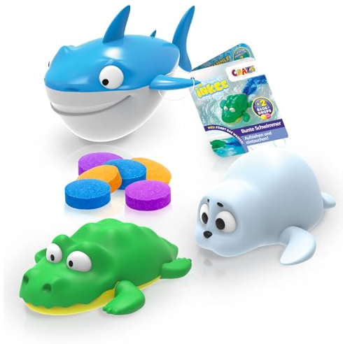 INKEE TOYS badleksak 3 havsdjur haj, krokodil och säl – badset för barn med dragrep – roliga vattenleksaker för barn