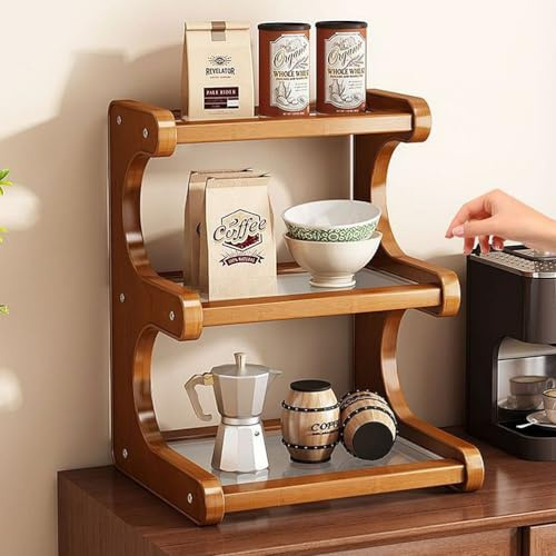 Dreamhousey Estante organizador de especias de 3 niveles para encimera de cocina, armario doméstico, taza de café, taza, estante de almacenamiento, estantería pequeña de madera de escritorio simple (3