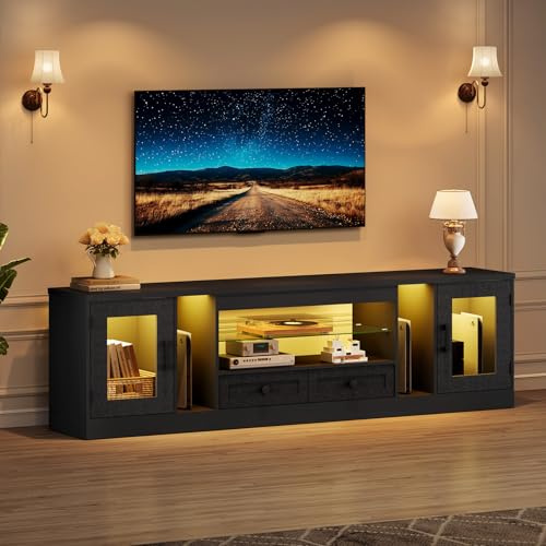 Concho Meuble TV Noir 180 cm pour TV 55–65, Meuble TV avec Tiroirs et Éclairage LED, Centre de Divertissement Moderne avec Étagère en Verre Réglable, Meuble Bas pour Salon et Chambre