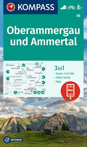 KOMPASS Wanderkarte 05 Oberammergau und Ammertal 1:35.000: 3in1 Wanderkarte, mit Aktiv Guide inklusive Karte zur offline Verwendung in der KOMPASS-App. Fahrradfahren. Langlaufen.