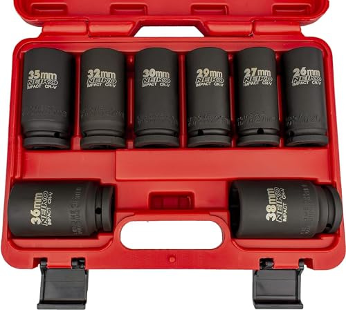 Neiko 02460A - Juego de llaves de impacto profundo de 3/4 pulgadas, surtido de 8 piezas jumbo | Tamaños métricos (26 a 38 mm) | Acero al cromo vanadio