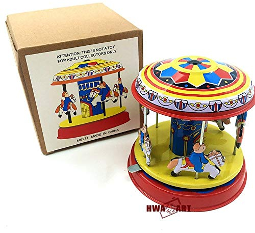 MS271 Retro Wind Up Pony Merry Go Round Tin Toy Clockwork Funny Gear High-wheel Carousel Vintage Mechanical Toys Collectible Gifts for Christmas Birthday Thanksgiving