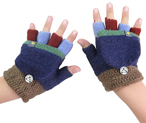 FakeFace Fäustlinge mit Knopf Klappe Fingerlose Halb Handschuhe für Kinder Winter Warm Strickhandschuhe Fingerhandschuh Winterhandschuhe 2-6 Jahre alt Jungen Mädchen