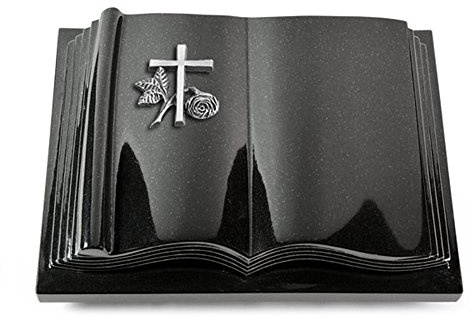 MEMORUM Grabmale Grabbuch, Grabplatte, Grabstein, Grabkissen, Urnengrabstein, Liegegrabstein Modell Antique 40 x 30 x 8-9 cm Indisch-Black-Granit, poliert inkl. Gravur (Aluminium-Ornament Kreuz 1)
