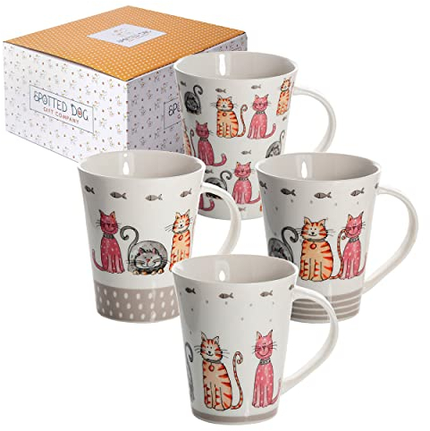 SPOTTED DOG GIFT COMPANY Mugs Set of 4 Coffee Tea Cups for Hot Drinks, Cute Cat Themed Ceramic Porcelain China, Dishwasher & Microwave Safe, Gifts for Cat Lovers Women Men 360ml