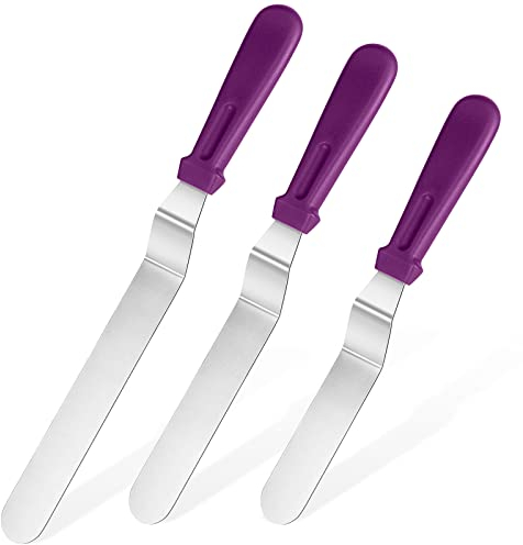 U-Taste Icing Spatula Set of 3: 18/0 Stainless Steel Cake Palette Knife, Angled Offset Spatula for Baking Cake Decorating Frosting, 15/20/25cm Metal Blade with 12cm PP Plastic Handle (Purple)