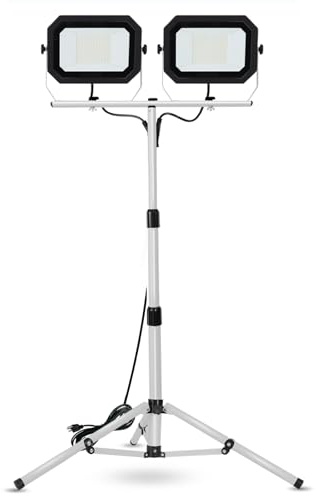 UFOND 20000 Lumen Work Lights with Stand, 200W Dual Head LED Work Light, Waterproof Lamp with Individual Switch, Adjustable Metal Telescoping Tripod 10Ft Power Cord