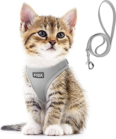 Fida Bequemes Hundegeschirr mit Leine, Katzenweste, ausbruchsicher, atmungsaktiv, leicht, weiches Netzgewebe, verstellbar, reflektierend, für Welpen, Rassen und extra kleines Haustier (XXS, Grau)