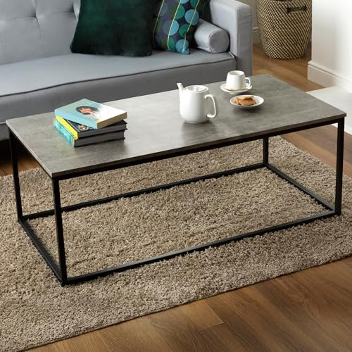 LIVIVO Concrete Effect Coffee & Square Side Table Girder Inspired Metal Frame - Rectangle Industrial Coffee Table Perfect For Home Interior Tea Snack Laptop Office Furniture - (Coffee Table, Grey)