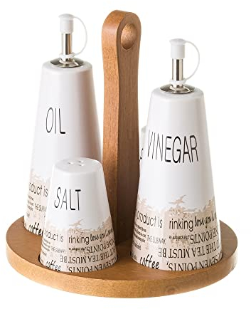 Juego de aceitera, vinagrera, salero y pimentero con cenefade stoneware blancos - LOLAhome