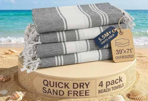 LANE LINEN Beach Towels 4 Pack Oversized - Cotton Rich Turkish Towel Set, Pre-Washed Oversized Beach Towel, Quick Dry Beach Towels For Travel, Large Pool Towels, 39x71 - Smoky Black