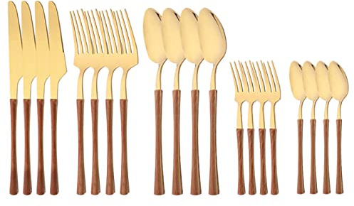 Set Di Posate 20Pz In Acciaio Inox Coltello Forchetta Cucchiaio Da Caffè Stoviglie Manico In Legno Imitazione Posate Da Cucina Marrone Oro