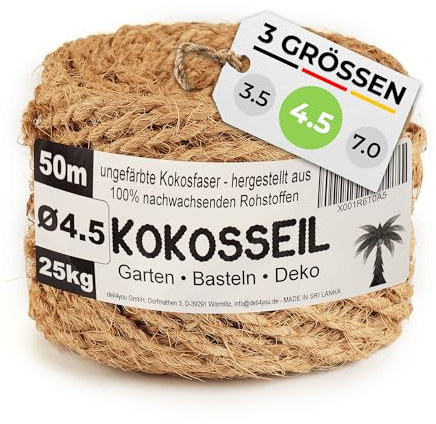 deli4you Kokosseil 4.5 mm x 50 m - Gartenseil Kokosschnur ungefärbt – upcycling Kokosseile Baumbinder Band Pflanzenbinder Kokosstrick Gräser zusammenbinden