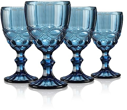Joeyan Blu Vintage Bicchiere da Vino Vetro con Sollievo,Colorato Bicchieri da Vino Bianco per Cocktail Cava Acqua,300 ml,Set da 4 Pezzi,Lavabile in Lavastoviglie