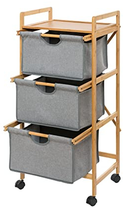 WENKO Wäschewagen Nori, mit 3 herausnehmbaren Körben, aus 100 % grauem Polyester, 44 x 96 x 34 cm, Natur/Grau