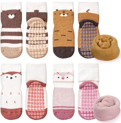 Simpeak 4 Pares Calcetines Antideslizantes de Algodón para Bebe, Calcetines Térmicos Invierno de Algodón, Calcetines para Niños y Niñas de 1 a 3 años - Estilo 7