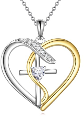 YAFEINI Herz Ketten für Damen 925 Silber Kreuz Anhänger Halsketten Zirkonia Kreuz Kette Kristall Schmuck Geschenk für Frauen Mama (Z1-Gold)
