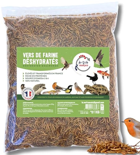 Vermi di farina per polli, uccelli, criceti, rettili - essiccati e allevati in Francia - ricchi di proteine 55% - Integratore alimentare per animali 100% naturale (1 kg)