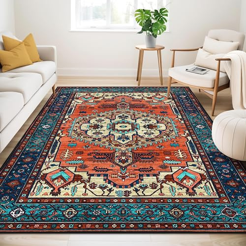 Vintage Rug 120x170cm, Washable Rugs, Living Room Rugs，Non Slip Carpet | Boho Rug, Traditional Oriental Rugs, for Bedroom, Dining Room, Office,Vintage Terracotta