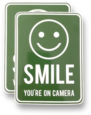 2 Pack - Small 9cm X 12cm Smile Your ON Camera Self Adhesive Stickers - Green-White, Sign, Warning, CCTV, Private Property, Surveillance SG205