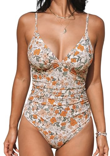 CUPSHE Damen Badeanzug V Ausschnitt Bauchweg Raffungen Triangelkörbchen Blumenmuster Einteilige Bademode Swimsuit Gelb mit Blumenmuster L