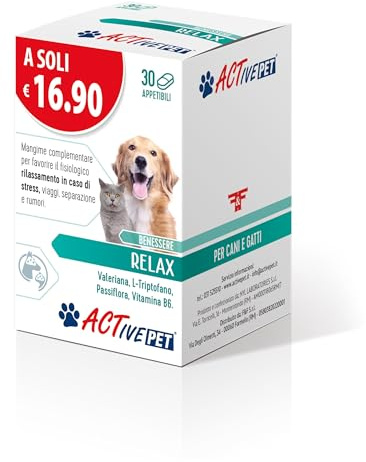 Active Pet Relax, Mangime Complementare, Cani e Gatti, 30 Compresse | Per Favorire il Fisiologico Rilassamento con Valeriana, L-Triptofano, Passiflora e Vitamina B6