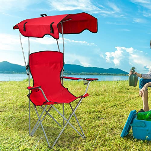 OHMG Silla de camping plegable con reposabrazos, parasol, portavasos y bolsas de transporte, sillón de camping para playa pesca al aire libre, sillón de playa plegable, carga 100 kg (rojo)
