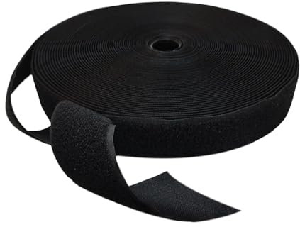 25 Metros Cinta de Cierre para Coser - Gancho y Felpa - Rollo de Cinta para Unir Cortinas, Alfombras, Telas, Fuerte Agarre, Hook and Loop, Blanco o Negro, (Negro, Gancho 20mm)