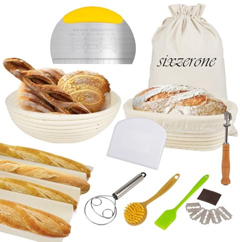 Sauerteig Starter Set,Brot Backen Zubehör, Gärkörbchen für Brot,2 Gärkörbe für Brot, Rund & Oval Sourdough Starter Kit,brotbackzubehör,Mit 9 küche Zubehör,Brotgärkörbchen für Anfänger und Profis