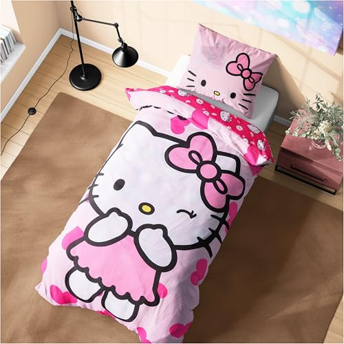 Hello Kitty Sanrio Juego de Cama Individual con Funda Nórdica Infantil Reversible 135x200cm y Funda de Almohada, Accesorios Habitacion