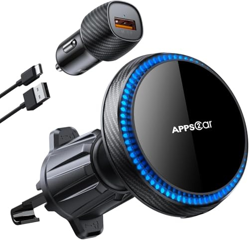 Apps2Car 15W Support Telephone Voiture Induction, Support Telephone Voiture Magsafe avec Système de Refroidissement Support Telephone Voiture magsafe Rotation à 360° Magsafe Voiture