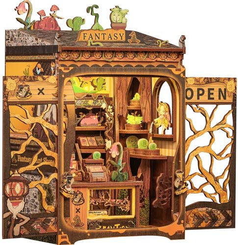 Cutefun Kit Book Nook - Maison de poupée en bois, maison de poupée miniature, coin livre, bibliothèque, maisons, kit de modélisation avec lumières LED, décoration de bibliothèque, magasin de plantes