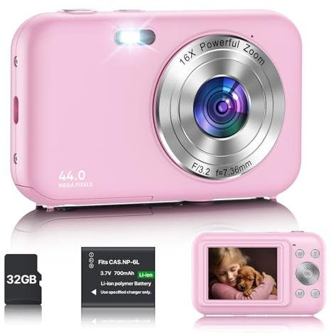 Appareil photo numérique compact avec carte de 32 Go, appareil photo 1080P 44 MP avec zoom numérique 16X et 1 batterie, appareil photo LCD 2,4 pour enfants, adolescents, débutants (rose)