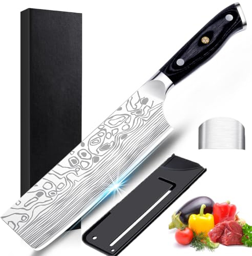 Meleho 7 Nakiri Knife,Kitchen Knife with Finger Guard,High Carbon Stainless Steel EN1.4116 Vegetable Knife, Multipurpose Meat Vegetable Kitchen Knife for Home and Kitchen