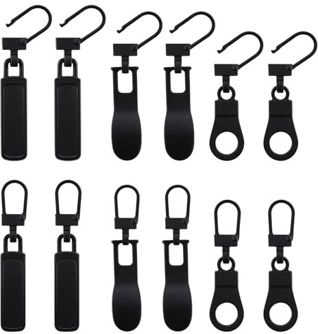12 Stück Reißverschluss Anhänger Reißverschluss Zipper Schwarz Zipper für Reißverschluss Universal Reißverschluss Reparatur Set Ersatz Zipper für Reißverschlüsse für Jacken Rucksäcke Koffer, 3 Stile