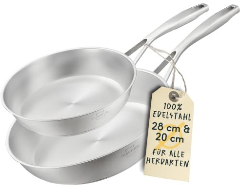 SILBERTHAL Pfannen Set 2 teilig 20cm und 28cm | Edelstahlpfanne Unbeschichtet - Induktionsgeeignet - Backofenfest