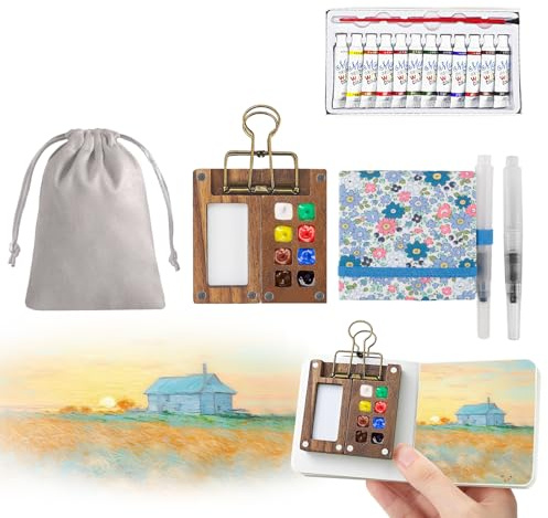 7Pcs Portable Watercolor Palette - 8 Grids Travel Watercolour Paint Set, Portable Travel Painting Set, Lid Foldable Wooden Palette, Sketchbook Brush Watercolour for Painting Lovers, Home Accessories
