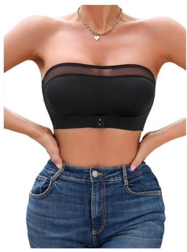 GORGLITTER Women's Mesh Wireless Front Fastening Bras Sexy Strapless Sheer Comfy Bandeau Bras Black Large