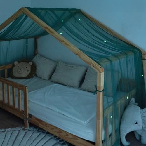 lilimaus Hausbett Himmel mit leuchtenden Sternen - Betthimmel Hausbett Deko | Geschenk Mädchen & Jungen - Himmelbett Vorhänge für 90x200 & 120x200 Kinderbetten - Leuchtsterne Kinderzimmer Deko