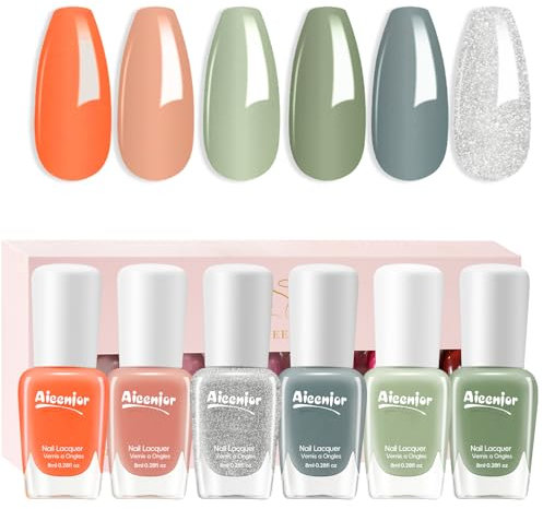 Aieenjor Schnelltrocknender Nagellack Set, 6 Farben – Grün Nagellack ohne UV-Lampe Nude Nail Polish Schonend und langanhaltend (Grün Glitzer, 6er Set)