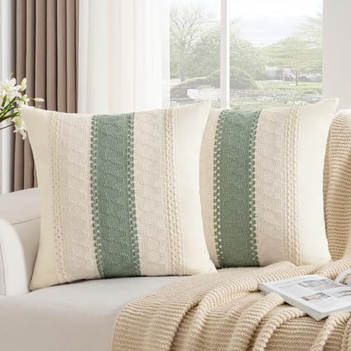 Boho Farmhouse Cotton Throw Pillow Covers 20x20 Inch Sage Green Retro Rustic Decorative Pillow Cases Vintage Macrame Woven Cushion Case for Sofa Couch Bedroom Living Room Home Decor Set of 2