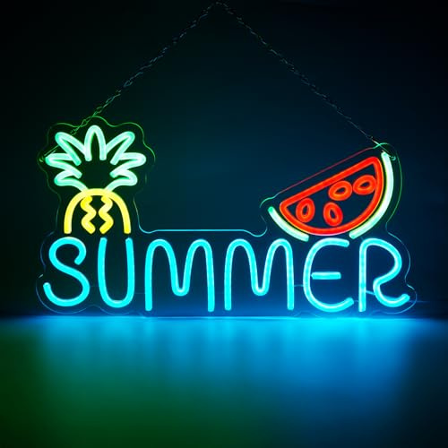 FITNATE Summer Neon Schild 49x26cm, LED Neon Wandleuchte mit einstellbarer Helligkeit, Leuchtschild, Leuchtreklame, klare Acryl-Rückwand, Neon Sign für Sommerparty