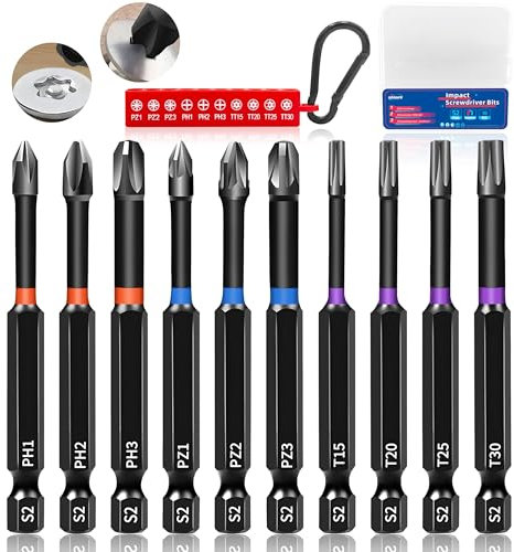 KASAFE Set di 10 punte magnetiche per cacciavite a impulso in acciaio S2, Phillips/Pozidriv/Torx, multi-dimensione, per Heavy-Duty, attacco esagonale universale da 1/4 per utensili elettrici