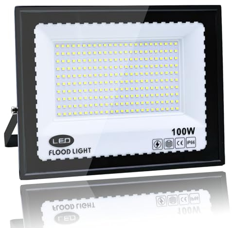 Tkdaksy Faro LED Esterno 100W, Bianco Freddo 6500K, IP66 Impermeabile Faretti Led Esterno, 10000LM Faretti LED Esterno, per Giardini, Cortili, Garage, Tetti, Terrazze, Parcheggi, Piazze e Banchine
