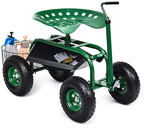 GOPLUS Gartenwagen, 360° drehbarer Gartensitz mit ausziehbarem Griff, Gartenhocker mit Ablage & Korb, Sitz höhenverstellbar, bis 150 kg belastbar, Rollsitz für Gartenarbeit, 96,5 x 47,5 x 47-55 cm