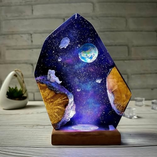 Drawelry 3D Weltraum Harz Nachtlicht Ornamente mit Holz Sockel LED Nacht Lampe Dekoration Astronaut Rakete Epoxidlampe Tischlampe Heim Büro Deko Geburtstag Geschenk für Familie, Freunde (C3)